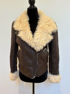 McGinn Brown Shearling Bomber Jacket with Cream Fur Trim